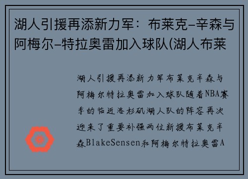 湖人引援再添新力军：布莱克-辛森与阿梅尔-特拉奥雷加入球队(湖人布莱恩肖)
