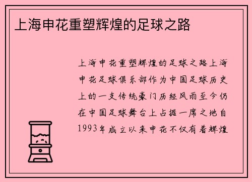 上海申花重塑辉煌的足球之路