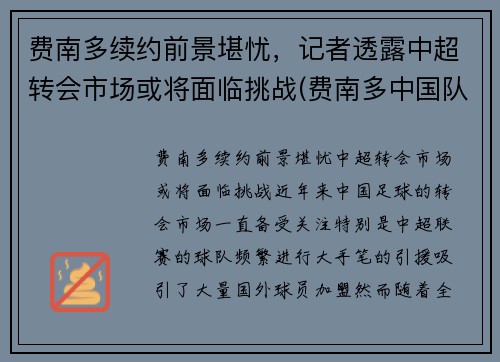费南多续约前景堪忧，记者透露中超转会市场或将面临挑战(费南多中国队)