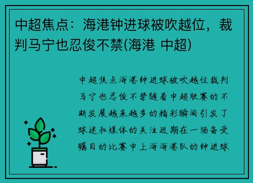中超焦点：海港钟进球被吹越位，裁判马宁也忍俊不禁(海港 中超)