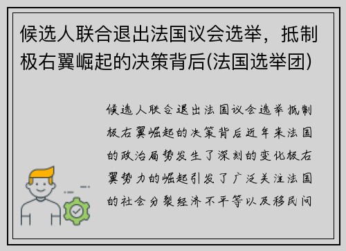 候选人联合退出法国议会选举，抵制极右翼崛起的决策背后(法国选举团)