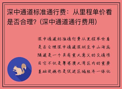深中通道标准通行费：从里程单价看是否合理？(深中通道通行费用)