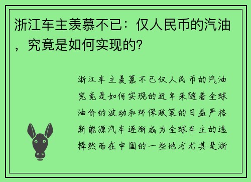 浙江车主羡慕不已：仅人民币的汽油，究竟是如何实现的？