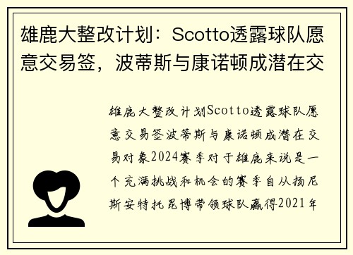 雄鹿大整改计划：Scotto透露球队愿意交易签，波蒂斯与康诺顿成潜在交易对象